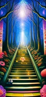 Enchanted staircase in a colorful forest with glowing natural elements.