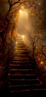 Enchanted forest stairway with glowing lights.