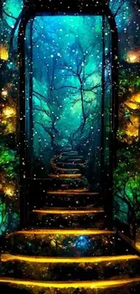 Magical forest stairway wallpaper with blue and green hues.