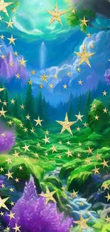 Enchanted forest with golden stars wallpaper.