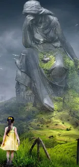 Mystical scene with a giant stone statue and a girl in a yellow dress.