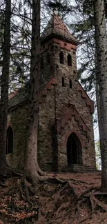 Stone church in a mystical forest setting, surrounded by trees.