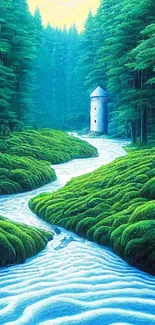 Enchanted forest scene with stream and tower, vibrant greenery.