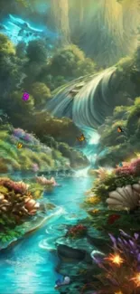 Enchanted forest stream with butterflies and flowers in a serene landscape.