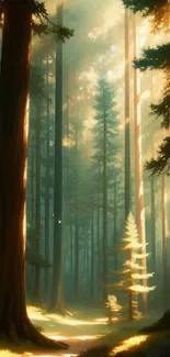 Sunlit forest path with tall trees at sunrise, capturing a serene, mystical atmosphere.