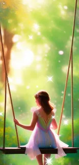 Girl on a swing in a sunlit forest landscape.