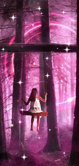 Girl on a swing in a pink glowing enchanted forest scene.