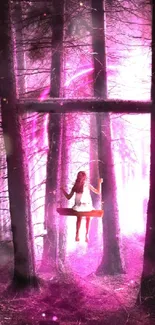 Mystical forest scene with glowing pink swing.