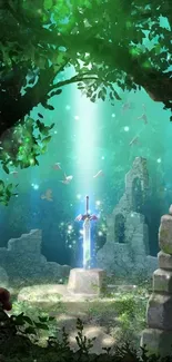 Glowing sword in magical forest with ruins and greenery.