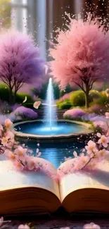 An open book with cherry blossoms and a magical background.