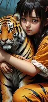 Girl hugs tiger in a serene forest setting, exuding fantasy and nature.