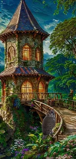 Enchanted tower surrounded by vibrant forest landscape.