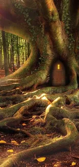 Mystical tree with a hidden door in an enchanted forest setting.