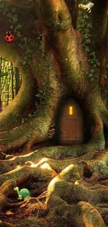 Enchanted forest tree with a small door and forest creatures, perfect for wallpaper.