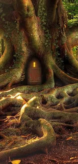 Enchanted tree with a mystical door in a dense forest setting.