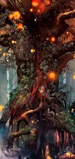 Enchanted forest tree with glowing lights and mystical atmosphere as wallpaper.