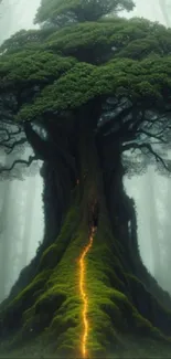 Majestic tree in an enchanted forest, with lush green leaves and a mystical glow.