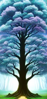 Enchanted tree in a glowing purple forest mobile wallpaper.