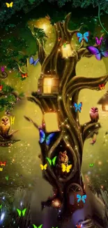 Enchanted forest treehouse with glowing lights and butterflies.