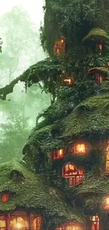 Whimsical treehouse glowing in a mystical forest setting.