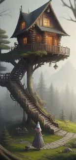 Charming treehouse perched on a tall tree in a mystical forest setting.