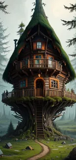 Enchanted forest treehouse with mystical design in a serene woodland setting.