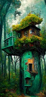 Magical treehouse in a lush forest setting with vibrant green hues.