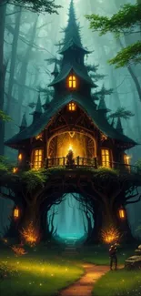 Enchanted treehouse in a misty forest at dusk, glowing warmly.