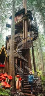 Enchanted treehouse in lush green forest with red mushrooms and spiral staircase.