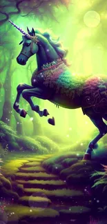 Vibrant unicorn in an enchanted forest with lush greenery.