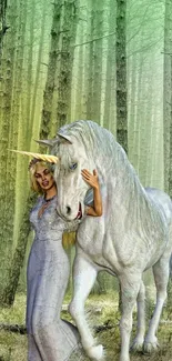 Woman with unicorn in enchanted forest setting.