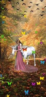 Fantasy wallpaper with unicorn, butterflies, and autumn forest scene.