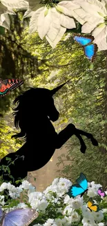 Unicorn silhouette in enchanted forest with colorful butterflies.