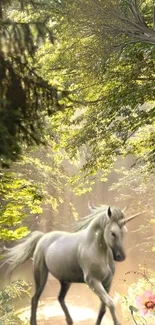 Unicorn in enchanted forest with sunlight filtering through trees.