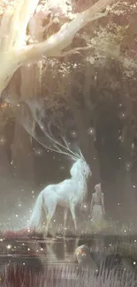 Ethereal unicorn in enchanted forest with magical light.