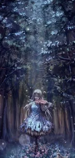 Violinist in an enchanted forest artwork, with a dreamy, dark blue ambiance.