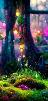 Enchanted forest scene with vibrant violet and green colors.