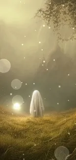 Ghostly figure in enchanted forest wallpaper with soft glowing light.