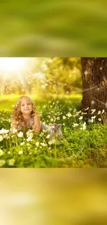 A child lying in an enchanted forest with sunlit flowers.