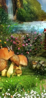 Enchanted forest wallpaper with mushrooms and butterflies.