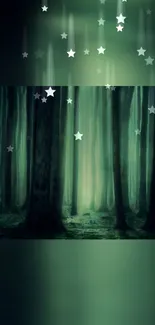 Mystical dark green forest with glowing stars.