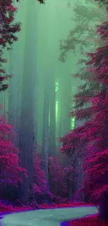 Mystical purple forest with green mist