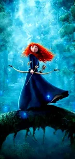 Warrior princess standing in an enchanted blue forest.