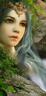 Fantasy nymph at waterfall in mystical forest.