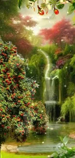 Enchanted forest waterfall with lush greenery and vibrant foliage.