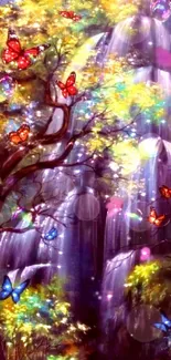 Enchanted forest with waterfalls and butterflies.