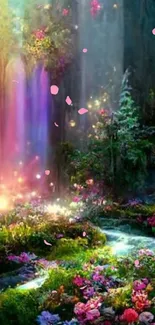 Mystical forest with waterfall and flowers in vibrant colors.