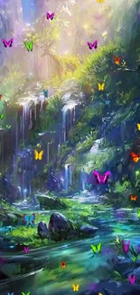 Enchanted forest waterfall scene with lush greenery and sunlight.