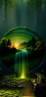 Magical forest waterfall wallpaper with serene landscape.