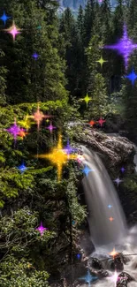 Mystical forest waterfall with colorful sparkles.